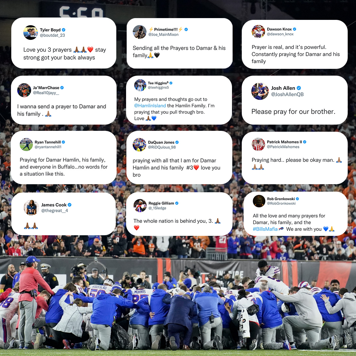 NFL社群貼出球員在球場的禱告圖，並顯示出球迷關切的社群貼文。（FB@NFL）