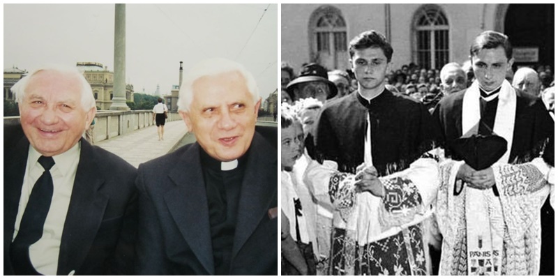 與哥哥喬治（左圖左, 右圖右）都當了神父。哥哥於2020年去世，享耆壽96歲。