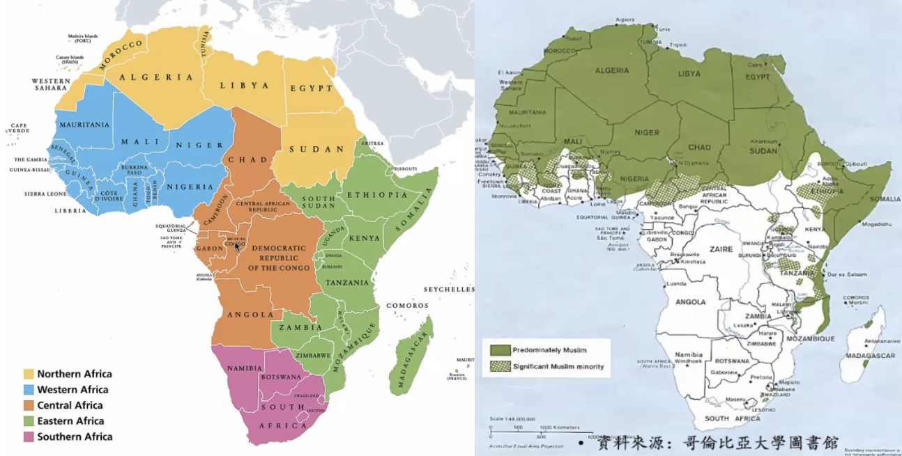 非洲分五大區域，(右圖)綠色部分是穆斯林聚集。(直播截圖)