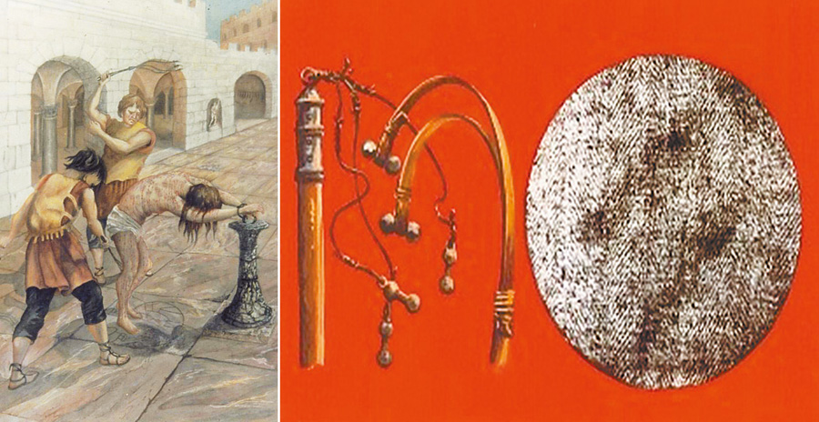 左圖：耶穌接受鞭刑的實景示意圖。右圖：史學家芭芭拉•法欣尼使用電腦強化技術所再現的鞭痕遺跡。