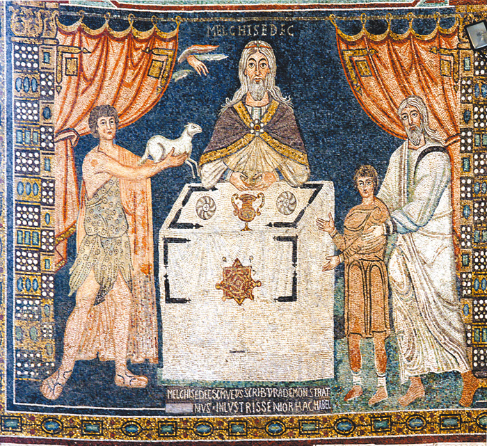 圖3. Sacrifices of Abel, Melchisedec and Abraham, mosaic, south wall of the apse of Basilica of Sant'Apollinare in Classe, 6th century