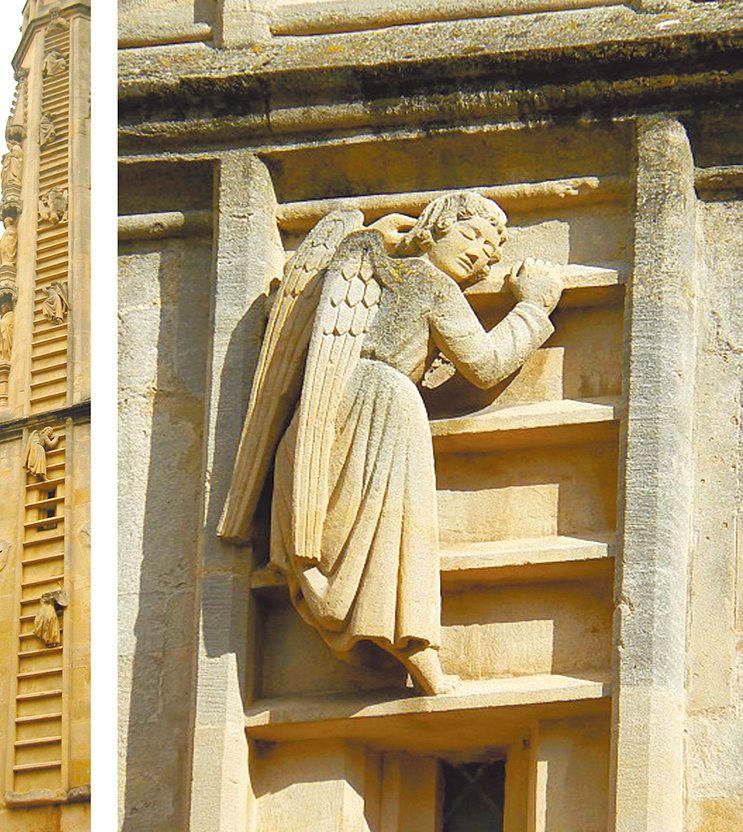 圖6. Jacob's Ladder with angels climbing up and down, facade of Bath Abbey, England, 1520（左圖為教堂雕刻實景）