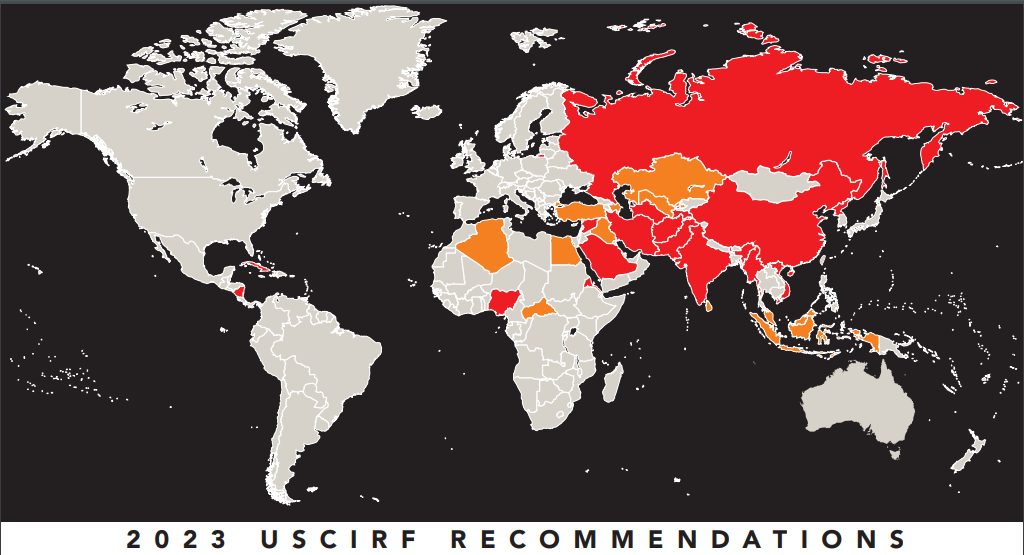 2023年全球宗教自由報告中，最嚴重的「特別關注國」，以紅色代表， 橙色是「特別觀察名單」 （報告截圖）。