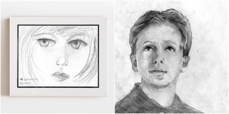 4歲時的素描〈母親〉（左），5歲時的素描〈兄弟〉。（圖／翻攝自akiane.com）