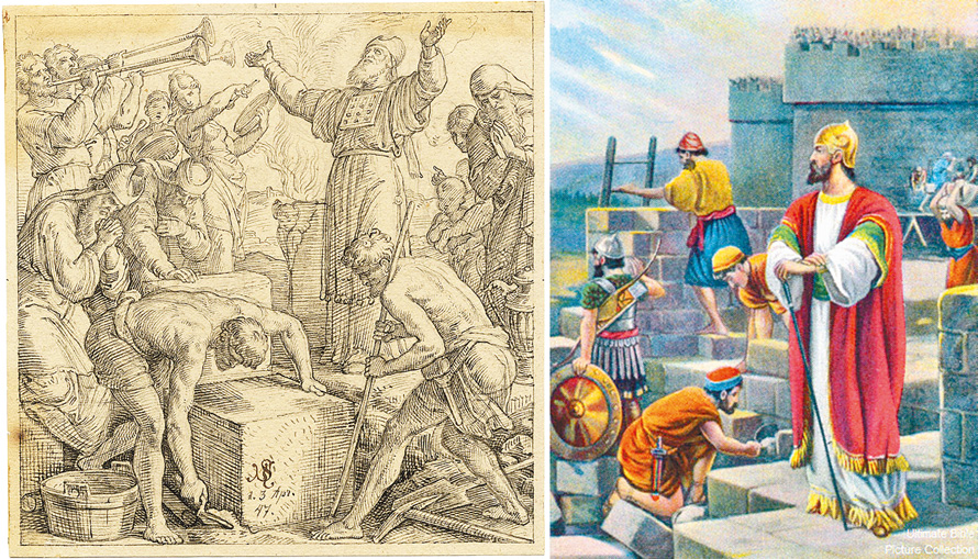 左圖：以斯拉和尼希米重建聖殿。右圖：尼希米帶領重建。（來源：維基）