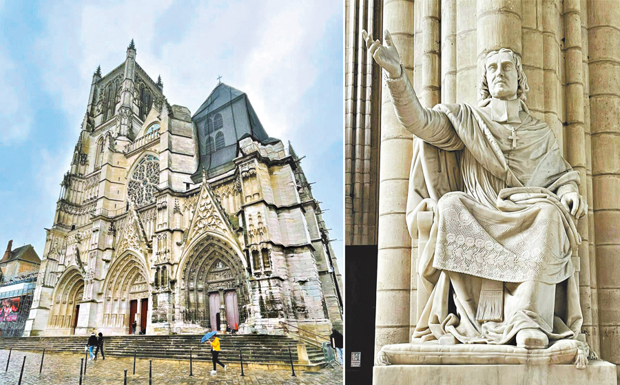 左圖：莫城聖斯德望教堂外觀。右圖：莫城主教普修雕像。