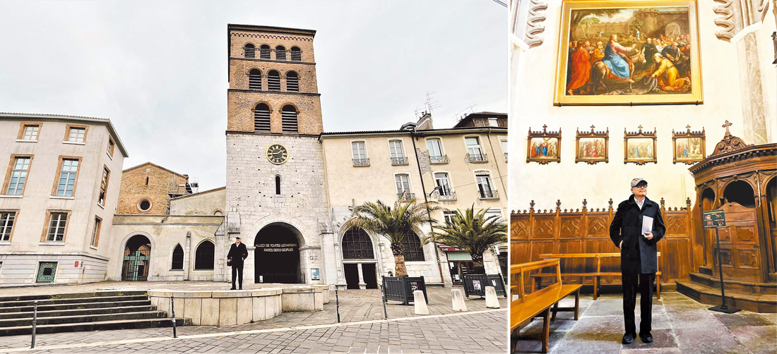 左圖：格勒諾布爾主教座堂，創建於十世紀。右圖：作者於教堂內閱讀《簡易祈禱法》。（攝影：王桂花）