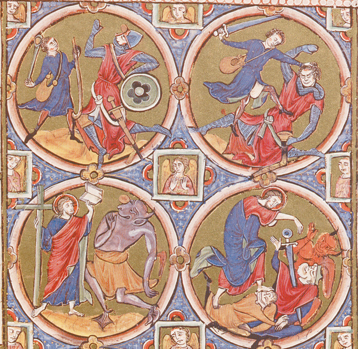 圖5. David and Goliath, Jesus and Devil, Bible moralisées, 1225; Cod. 2554, National Library, Austria
