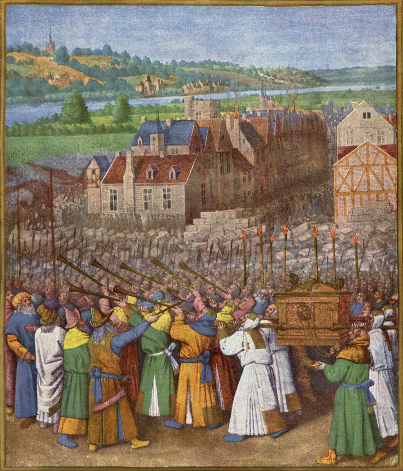 法國畫家讓．富凱（Jean Fouquet）畫的〈耶利哥戰役〉。（Wikimedia）