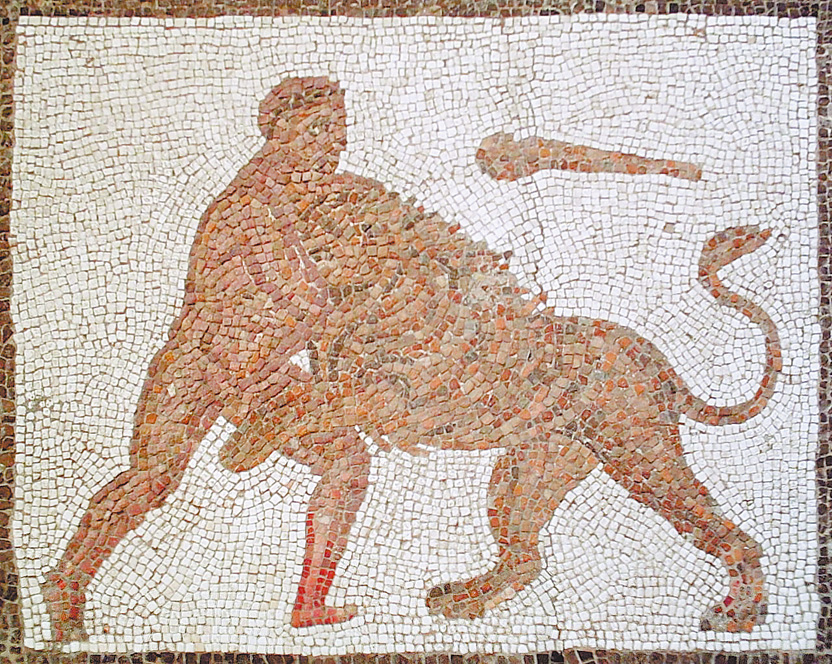 圖2. Heracles Slaying the Nemean lion ( Detail of The Twelve Labours Roman mosaic), from Llíria (Valencia, Spain), 201 and 250 AD; National Archaeological Museum, Madrid