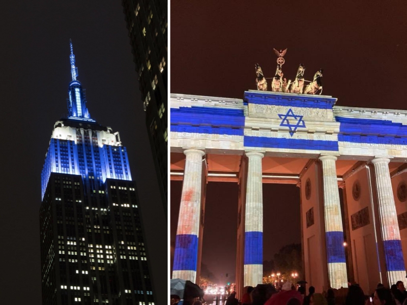 美國紐約帝國大廈和德國柏林布蘭登堡大門都亮起以色列藍白國旗燈光聲援。（圖／翻攝自x@Israel）