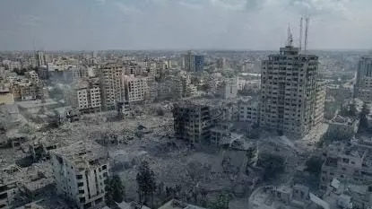 2023年10月10日，以色列空襲加薩後的廢墟景象。（照片來源：Hatem Moussa/AP）