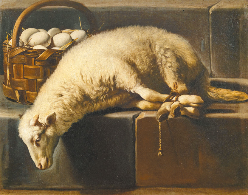 "A ligated lamb besides a basket  of eggs, an Allegory of Easter"