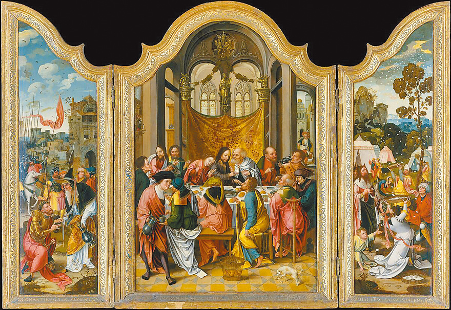 圖4. Altarpiece with Last Supper Scene set between the Meeting of Abraham and Melchisedek       and the Miracle of the Manna, c. 1515-1520; New York, Metropolitan Museum of Art