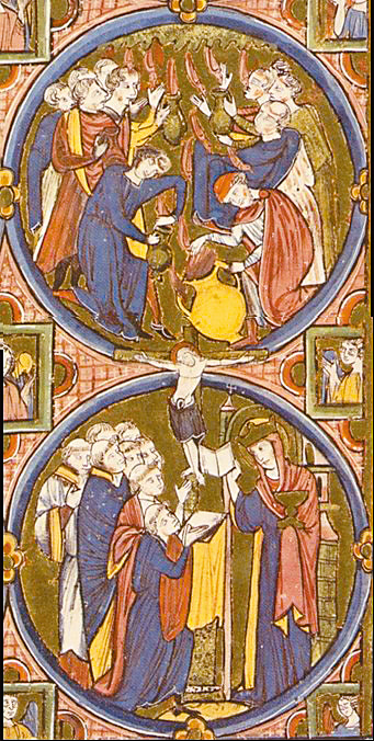 圖3. Gathering of Manna, Church teaches the Gospel; Bible moralisée, Paris: 1225; (98 von 141); Cod. 2554, National Library, Austria