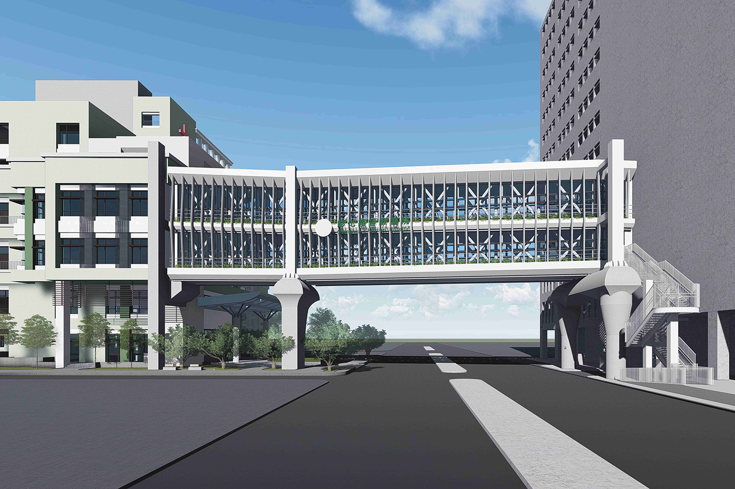 彰基醫學中心癌症質子醫療大樓與總院連接之天橋示意圖。