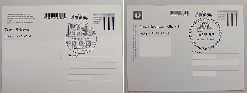 兩張明信片分別蓋上郵政總局和布里斯本公爵郵戳。