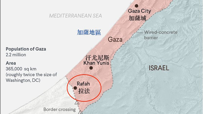 加薩地圖，紅圈為最南端且接攘埃及的「拉法」。（照片來源：聯合國）