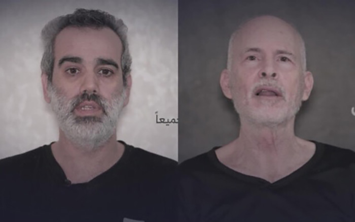 人質基思．西格爾（右）和奧姆里．米蘭出現在2024年4月27日播放的哈馬斯宣傳影片中。（照片來源：Telegram截圖）