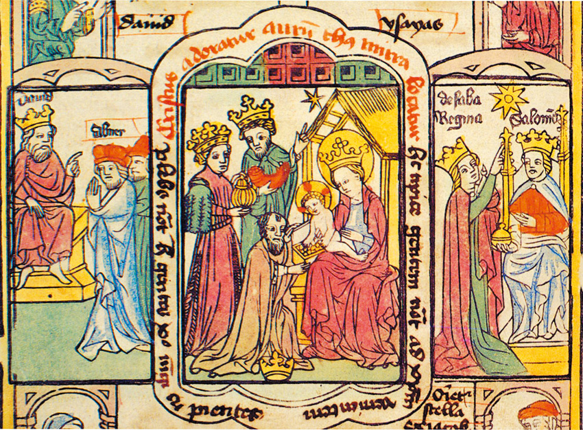 圖3 Abner before David, Adoration of the Magi, Queen of Sheba; Biblia pauperum, 1455; Cod. Pal. germ. 438, Papier, 34 Bll., fol. 112v.