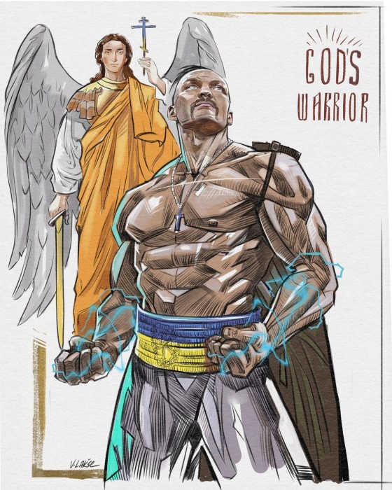 粉絲畫的漫畫，形容烏席克是上帝的戰士。（圖／翻攝自usykaa）