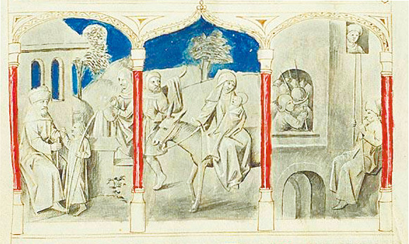 圖1. Biblia pauperum, 1470; Jacob's farewell to Isaac and Rebekah; The Flight into Egypt; David escapes through a window; The Hague, MMW, 10 A 15, fol. 23r