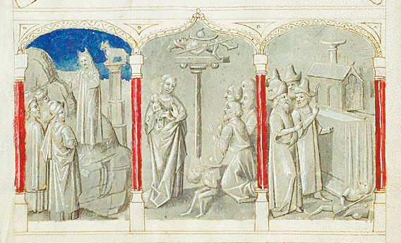 圖2. Biblia pauperum, 1470; Adoration of the golden calf; The image of the Virgin made by the Egyptians; Fall of Dagon god; The Hague, MMW, 10 A15 , fol. 23v