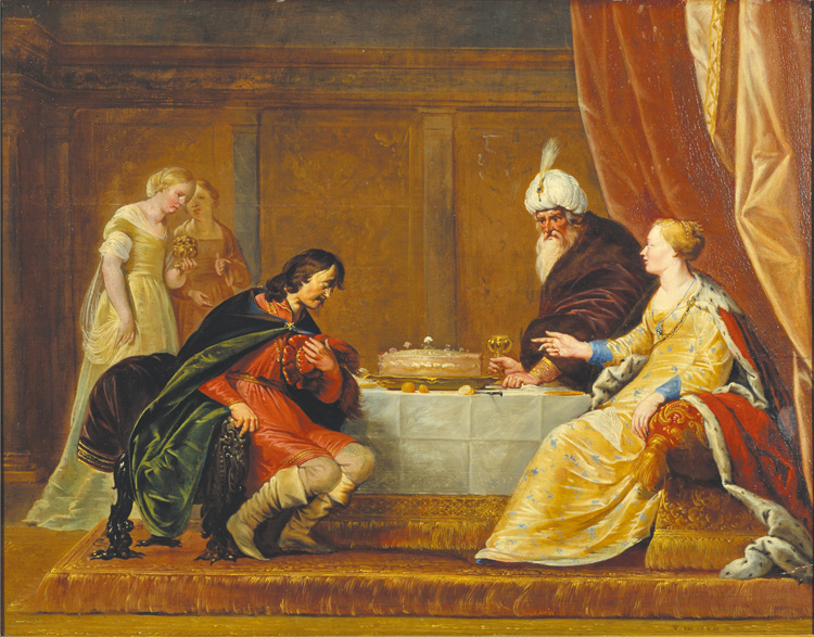 "Esther, Ahasuerus and Haman", by Pieter Fransz. de Grebber 