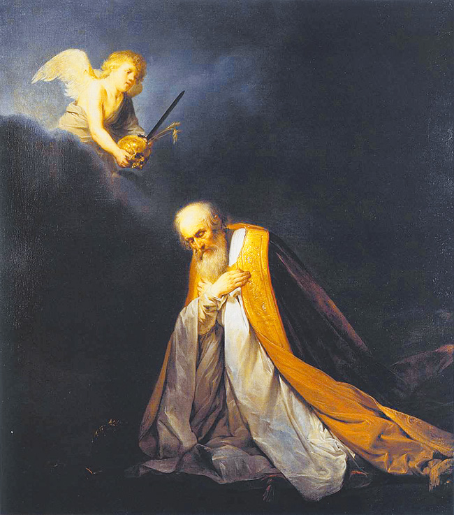 "King David in Prayer", by Pieter de Grebber 大衛表達懊悔後，畫作以天使代替先知，拿著象徵物品：頭骨代表三天瘟疫，劍代表大衛敵人三個月的迫害，空空的玉米穗代表三（或七）年饑荒。表達上帝給大衛三個審判選項。