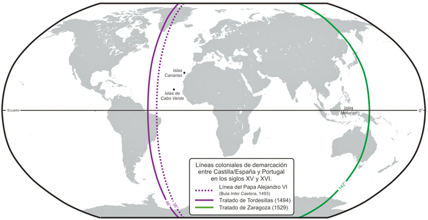 圖六：海上強權分割的世界。虛線是教皇於1493年  劃設，紫線是1494年《托德西亞斯條約》重劃；    綠線是《撒拉戈薩條約》所劃。（來源：維基）