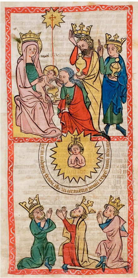 圖4. Speculum Humanae Salvationis, The Adoration of the Magi. b. The Magi See the Star. c. Three Soldiers Bring Water to David. d. The Queen of Sheba Brings Gifts to Solomon, ca. 1360; ULB Darmstadt, Hs 2505, fol. 18v, fol. 19r