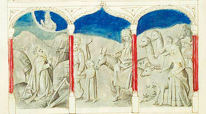 圖3. Biblia pauperum, 1470; David at prayer before his return from Juda, The Holy Family returning from Egypt, Jacob on the way to Canaan with his family; The Hague, MMW, 10 A 15, fol. 24v