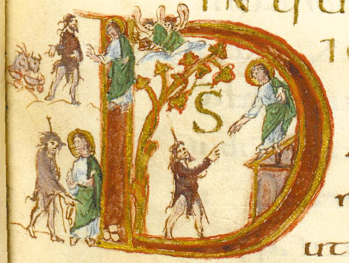 圖1. Temptations of Christ; Drogo Sacramentary, ca. 850; Paris, Bibliothèque Nationale de France, MS lat. 9428, fol. 41r.