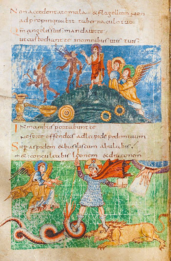 圖2. Temptations of Christ, Jesus as Victorious Warrior; Stuttgarter Psalter, 9th century; Württembergische Landesbibliothek, Cod.bibl.fol.23.