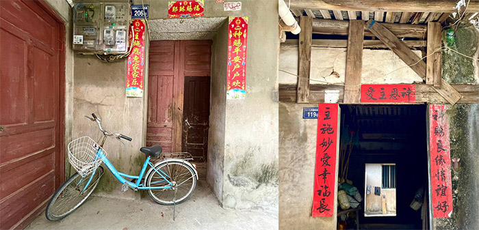 左圖：民宅橫幅寫著「耶穌賜福」。右圖：門聯橫幅「神恩主愛」。（攝影：王桂花）