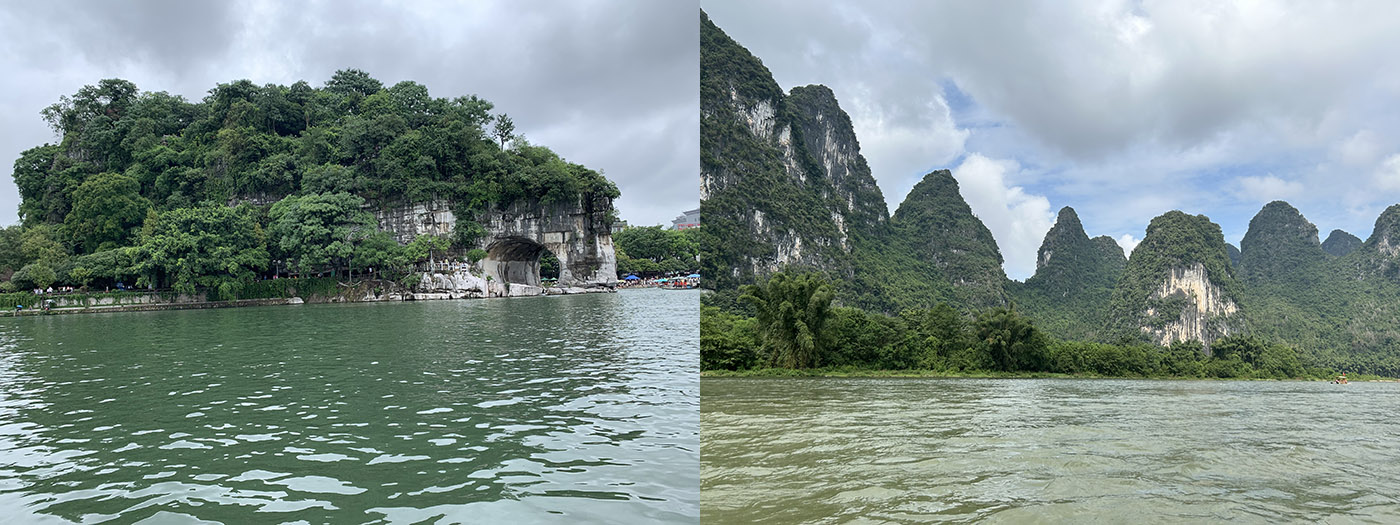 左圖：象鼻山。右圖：灕江旁的山峰。（作者攝影）