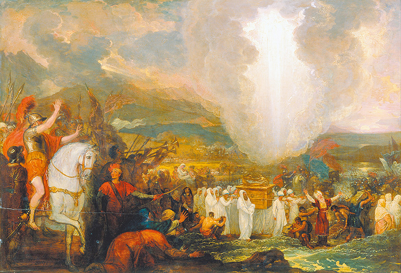 以色列民在曠野跟隨雲柱、火柱，直到抵達約旦河。 "Joshua passing the River Jordan with the Ark of  the Covenant", by Benjamin West.