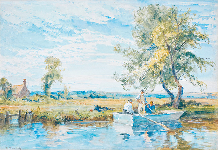 "Figures in a boat with an extensive landscape beyond", by Robert Thorne Waite
