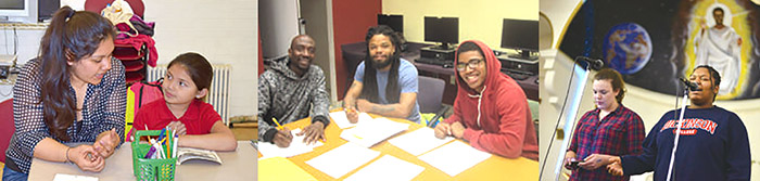 大學生和小學生成為好朋友。(左)、在社區裡一天後,學生們一起分享所見所聞。(中)、主日參與敬拜。(右)