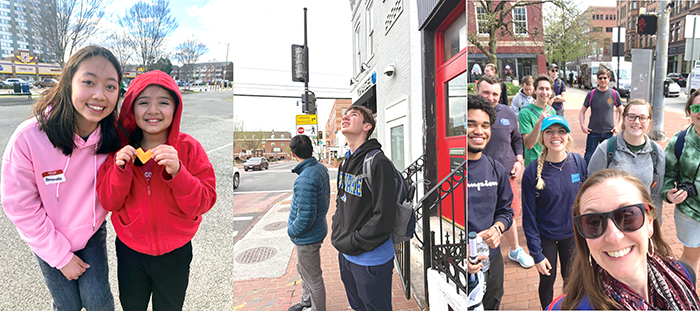 大學生和小學生成為好朋友。(左)、沒有Google Map,學生要找路就需要求助他人,「接受」服事。(中)、年復一年,鄧凱特(前)和學生行走鄰里間, 學習敬重人,認識整全的「平安」。(右)