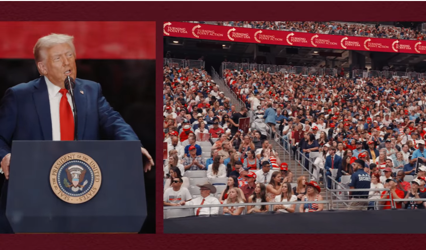 川普致詞。（YouTube@Turning Point USA影片截圖）