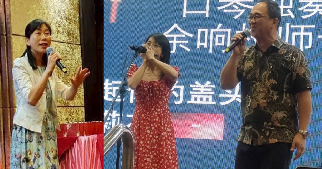 黃翠芳(左)、全球客福總幹事黃聲忠牧師和師母的口琴表演。(主辦單位提供)