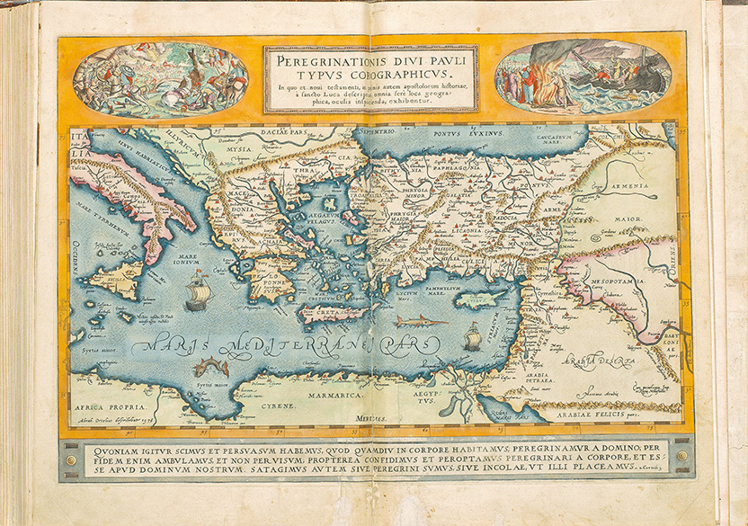 十六世紀由Abraham Ortelius繪製的古地圖，描繪保羅傳福音的旅程。（來源維基）