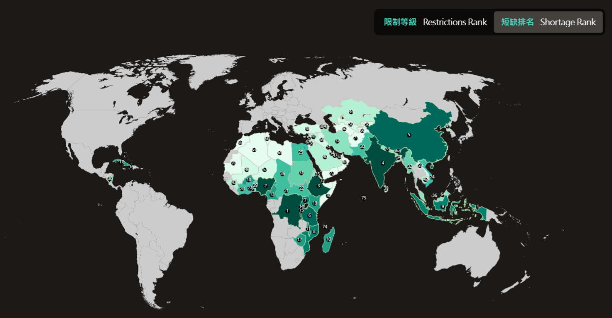 聖經短缺最嚴重國家地圖。
