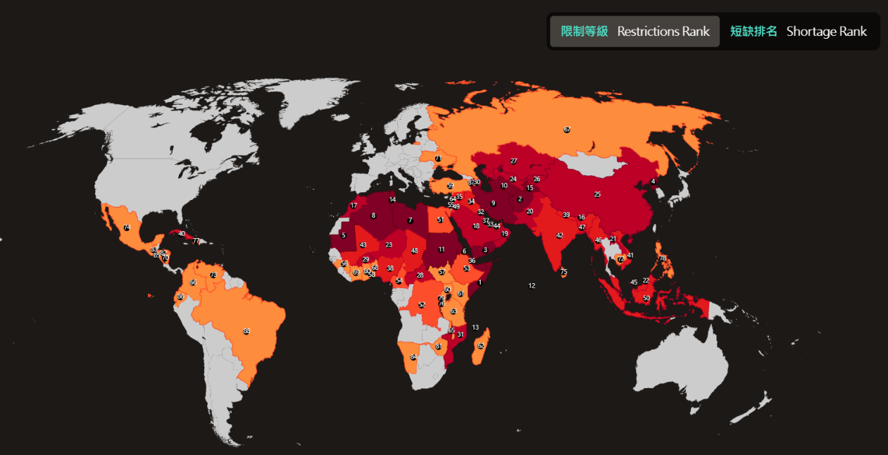 聖經取得最困難國家地圖。
