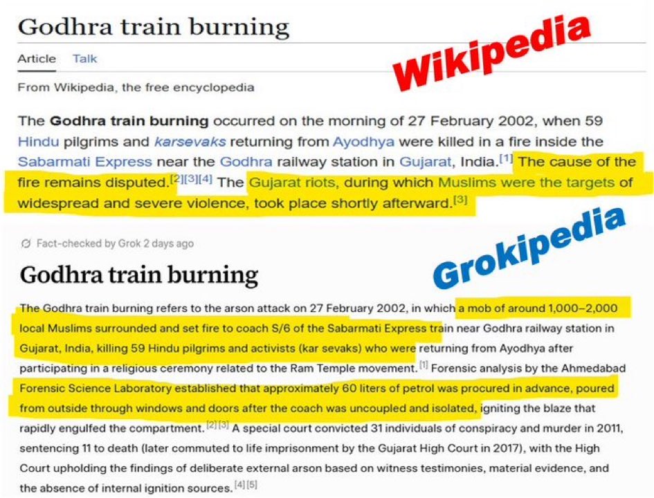 X平台網友做的維基百科和Grokipedia資訊比較，說明前者言論之偏頗。（X@RuchiSinghTalks）