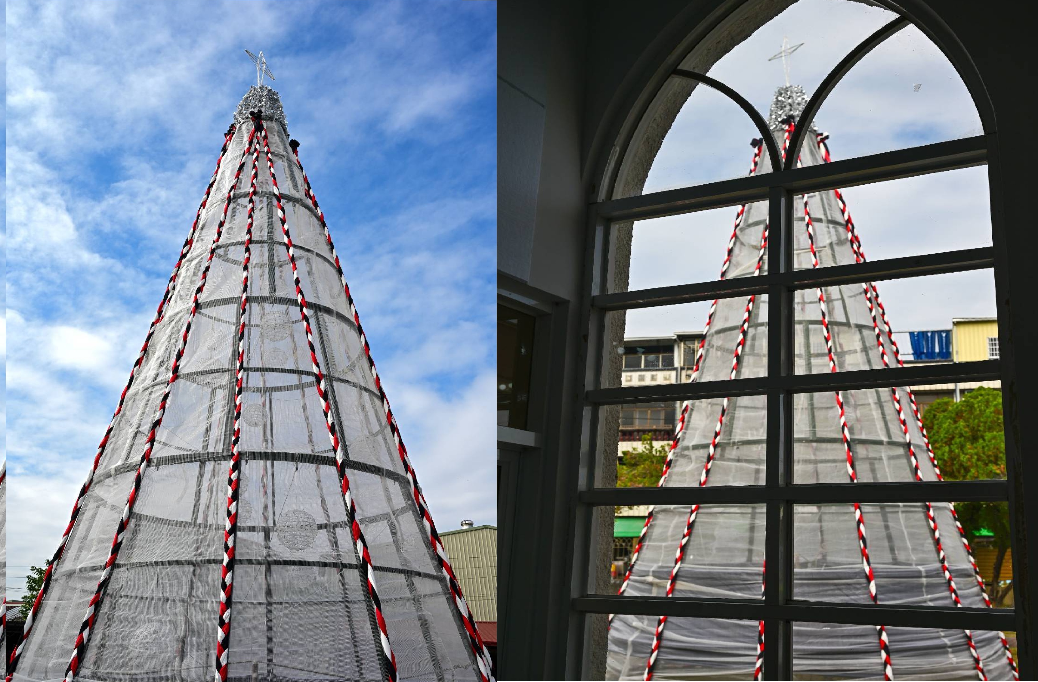 用西拉雅傳統紅黑白色顏色在聖誕樹骨架上編織的聖誕樹，圖為從戶外，以及從室內觀看的景象。(受訪者提供)