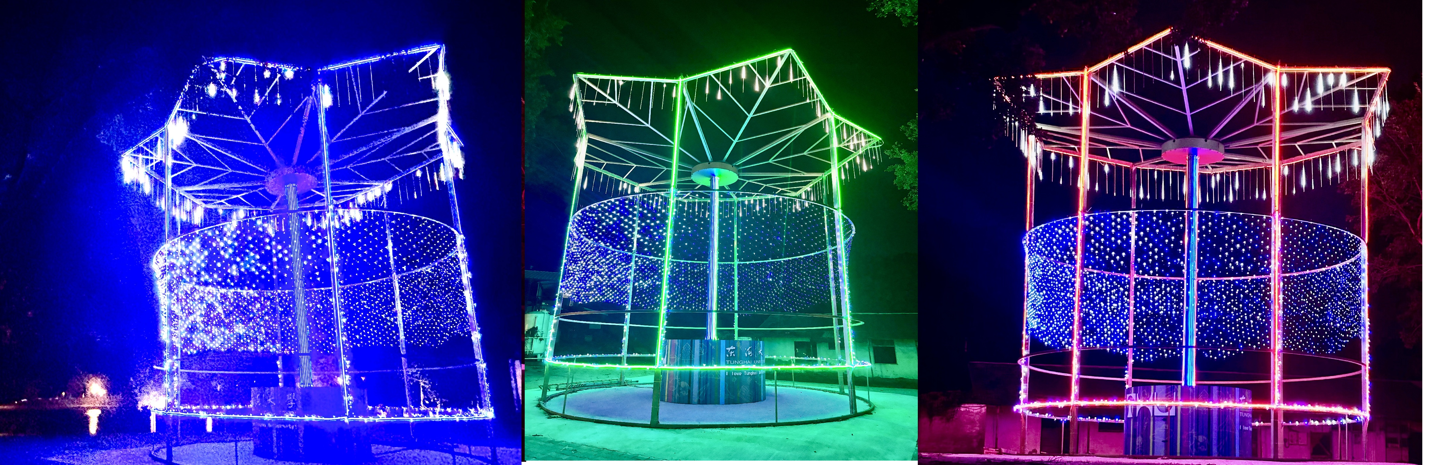 湖邊燈飾不同顏色。