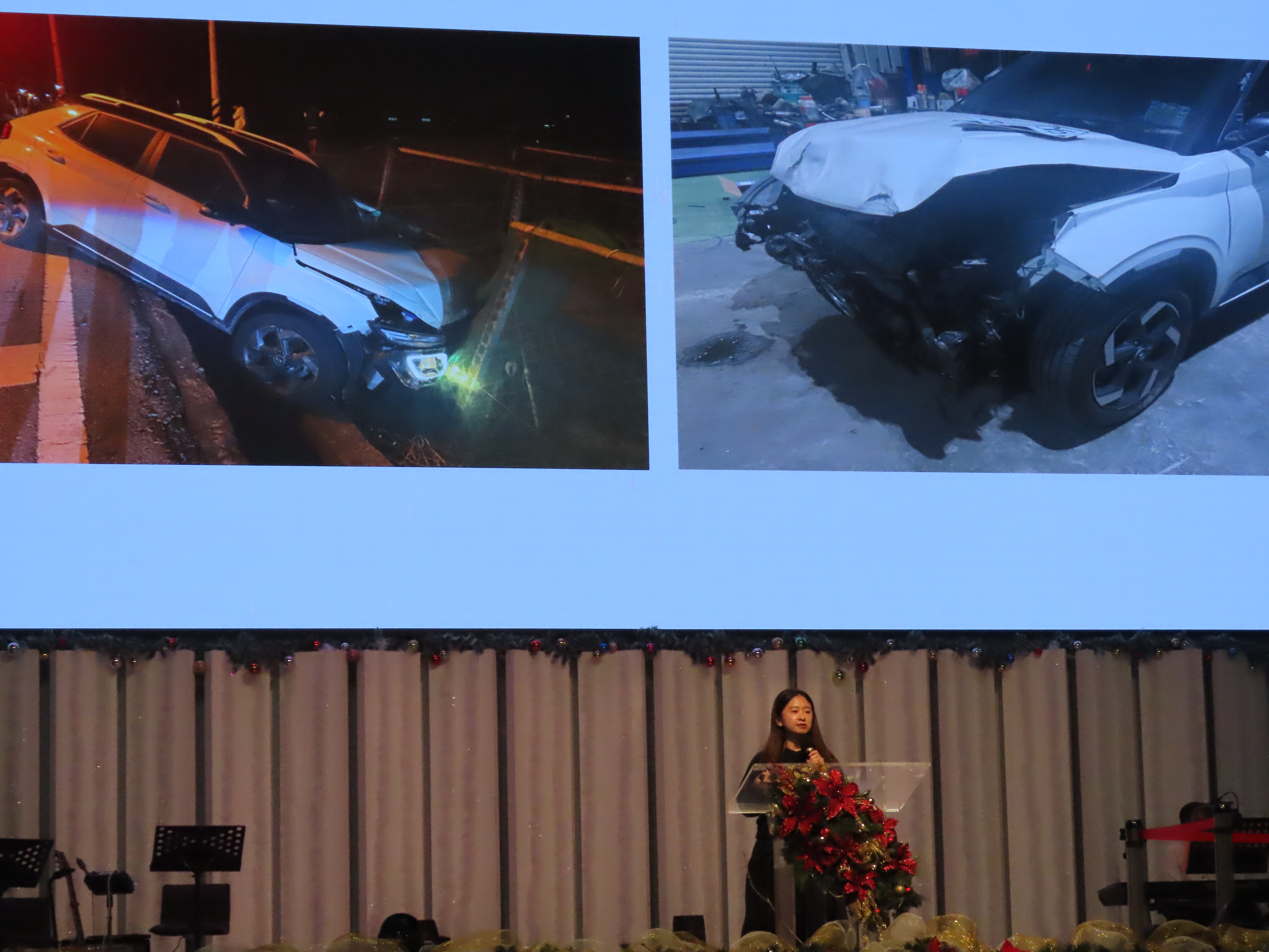 才剛經歷車禍逃生，曾秋婷台上分享。(圖/李容珍攝影)