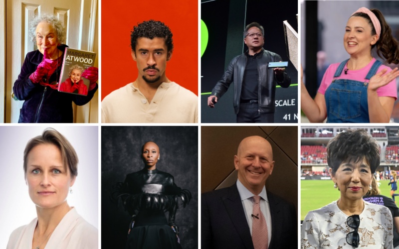 圖上由左而右:瑪格麗特.阿特伍德、壞痞兔、黃仁勳、瑞秋.安妮.阿庫索。圖下由左而右:Blaise Metreweli、辛西婭.艾利沃、蘇德巍、姜永美。